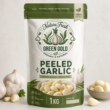 Peeled Garlic Packaging for Green Gold - AI-generated packaging design concept