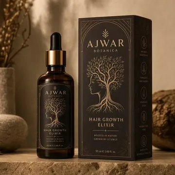 Hair Growth Elixir Packaging for AJWAR BOTANICA - AI-generated packaging design concept