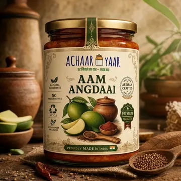 Aam Angdaai (Mango Pickle) Packaging for ACHAAR YAAR - AI-generated packaging design concept