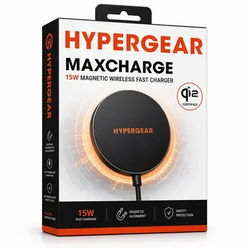 MaxCharge 15W Magnetic Wireless Fast Charger With Qi2 Packaging for HyperGear - AI-generated packaging design concept
