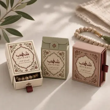 Bakjang, A Shop Selling Prayer Beads Packaging for شُهُب / METEORS - AI-generated packaging design concept