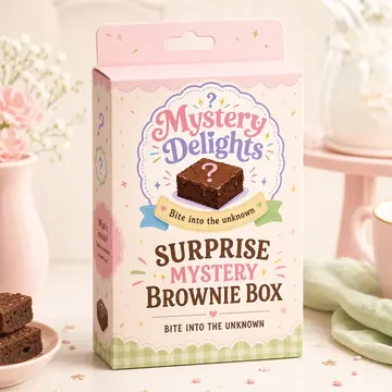 Surprise Mystery Brownie Box Packaging for Mystery Delights - AI-generated packaging design concept
