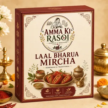 Laal Bharua Mircha Packaging for AMMA KI RASOI - AI-generated packaging design concept