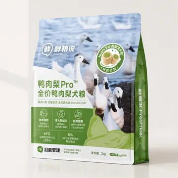 鸭肉梨Pro全价鸭肉梨犬粮 Packaging for 鲜粮说 - AI-generated packaging design concept