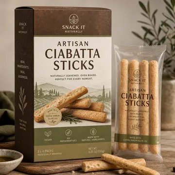 Artisan Ciabatta Sticks Packaging for Snack It Naturally - AI-generated packaging design concept
