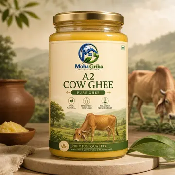 A2 Cow Ghee Packaging for MohaGriha - AI-generated packaging design concept