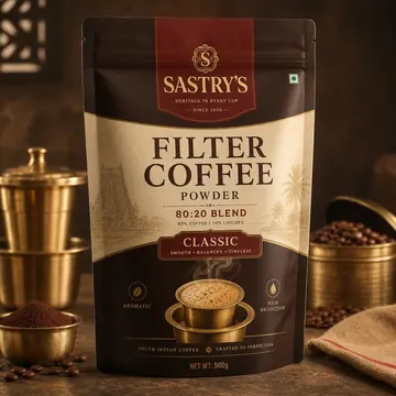 Filter Coffee Powder 80:20 Blend - Classic Packaging for Sastry's - AI-generated packaging design concept