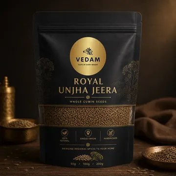 Royal Unjha Jeera Packaging for Vedam - AI-generated packaging design concept