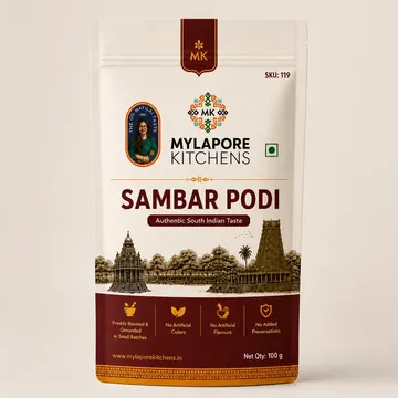 Sambar Podi Packaging for Mylapore Kitchens - AI-generated packaging design concept