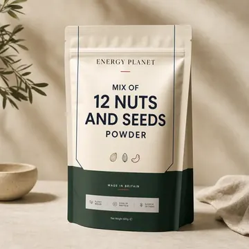 Mix Of 12 Nuts And Seeds Powder Packaging for Energy Planet - AI-generated packaging design concept