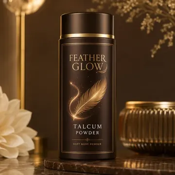 Talcum Powder Packaging for Feather Glow - AI-generated packaging design concept