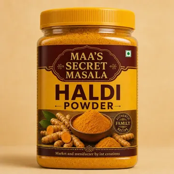 Haldi Powder Packaging for Maas Secret Masala #0955 - AI-generated packaging design concept