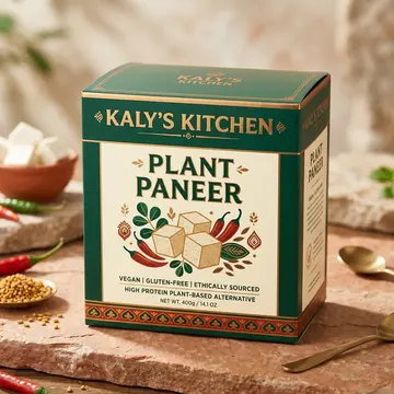 Plant Paneer Packaging for Kaly's Kitchen - AI-generated packaging design concept