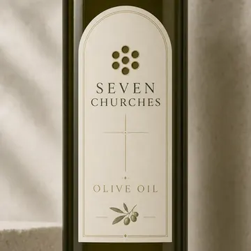 Olive Oil Packaging for Seven Churches - AI-generated packaging design concept