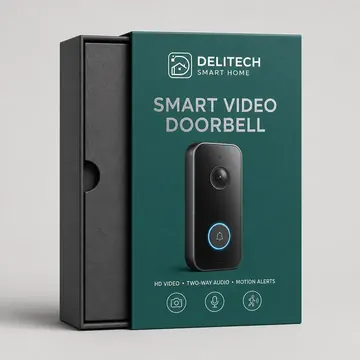 Smart Video Doorbell Packaging for Delitech Smart Home - AI-generated packaging design concept