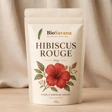 Hibiscus Rouge Packaging for BioSavana - AI-generated packaging design concept