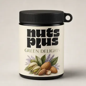 Green Delights Packaging for Nuts Plus - AI-generated packaging design concept
