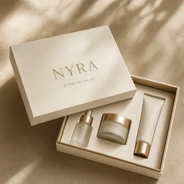 D Tan Facial Kit Packaging for Nyra - AI-generated packaging design concept