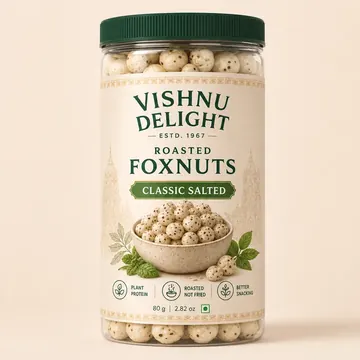 Roasted Foxnuts Packaging for Vishnu Delight - AI-generated packaging design concept