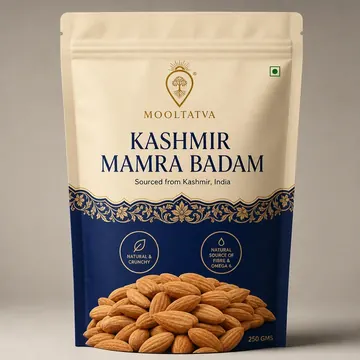 Dryfruit Kashmir Mamra Badam Packaging for MoolTatva - AI-generated packaging design concept