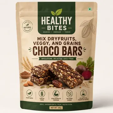 Mix Dryfruits, Veggy, And Grains Choco Bars Packaging for Healthy Bites - AI-generated packaging design concept