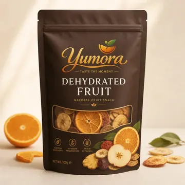 Dehydrated Fruit Packaging for Yumora - AI-generated packaging design concept