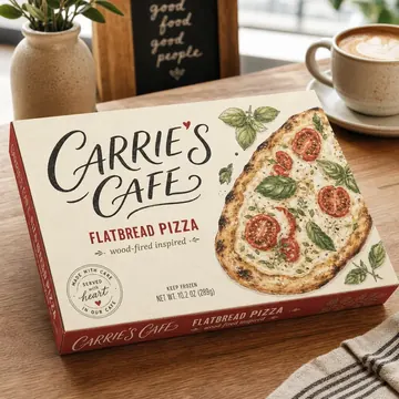 Flatbread Pizza Packaging for Carrie's Cafe - AI-generated packaging design concept