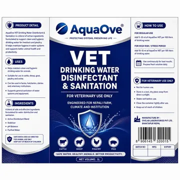Vet Drinking Water Disinfectant And Sanitation Packaging for AquaOve - AI-generated packaging design concept