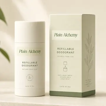 Refillable Deodorant Packaging for Plain Alchemy #1505 - AI-generated packaging design concept
