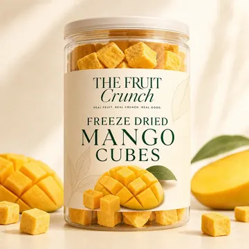 Freeze Dried Mango Cubes Packaging for The Fruit Crunch - AI-generated packaging design concept