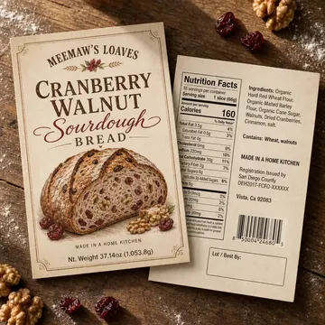 Cranberry Walnut Sourdough Bread MADE IN A HOME KITCHEN Vista, Ca 92083 Packaging for Meemaw's Loaves - AI-generated packaging design concept