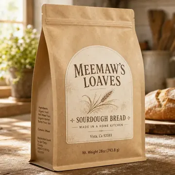 Sourdough Bread MADE IN A HOME KITCHEN Vista, Ca 92083 Nt. Weight 28oz (793.8 G) Packaging for Meemaw's Loaves - AI-generated packaging design concept