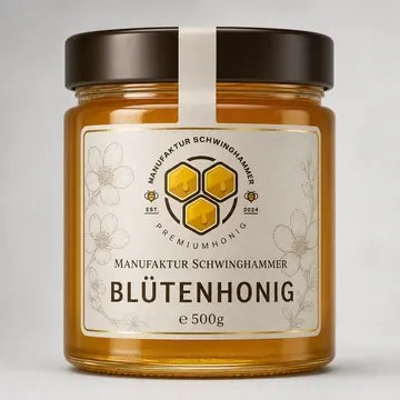 Blütenhonig Packaging for Manufaktur Schwinghammer - AI-generated packaging design concept