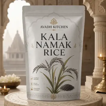 Kala Namak Rice Packaging for Avadh Kitchen - AI-generated packaging design concept