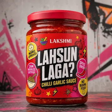 Chilli Garlic Sauce Packaging for Lakshmi - AI-generated packaging design concept