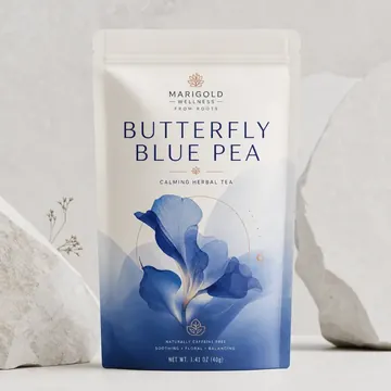 Butterfly Blue Pea Packaging for Marigold Wellness From Roots #1705 - AI-generated packaging design concept