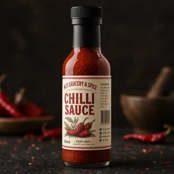 Chilli Sauce Packaging for MJ's Saucery & Spice - AI-generated packaging design concept