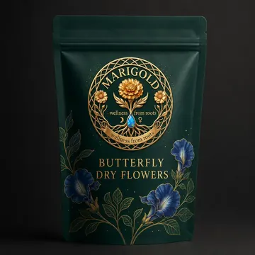 Butterfly Blue Pea Packaging for Marigold Wellness From Roots #1731 - AI-generated packaging design concept