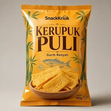 Kerupuk Puli Packaging for SnackKriuk - AI-generated packaging design concept