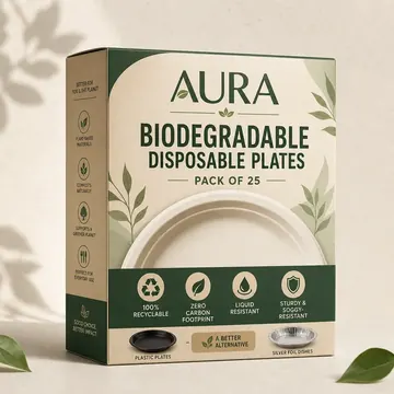 Biodegradable Disposable Plates Packaging for AURA - AI-generated packaging design concept