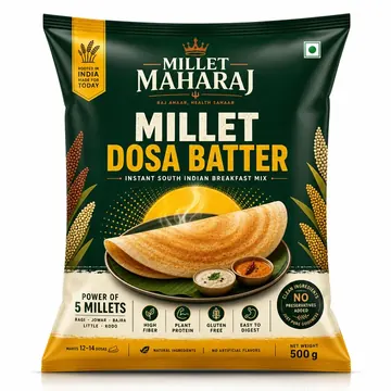 Millet Dosa Batter Packaging for Millet Maharaj - AI-generated packaging design concept