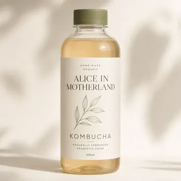 Kombucha Packaging for Alice In Motherland - AI-generated packaging design concept