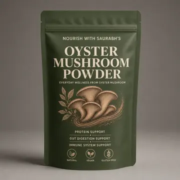 Oyester Mushroom Powder Packaging for Nourish With Saurabh's - AI-generated packaging design concept