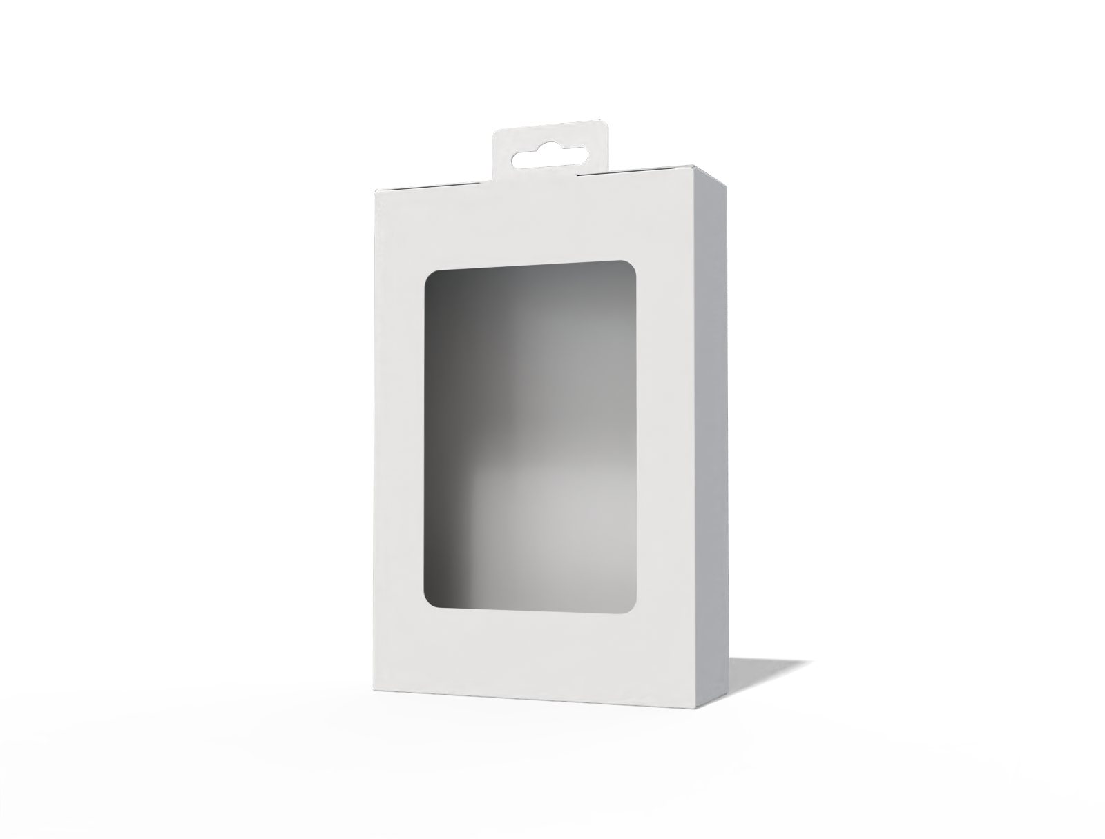Hanging display box with window — White paperboard