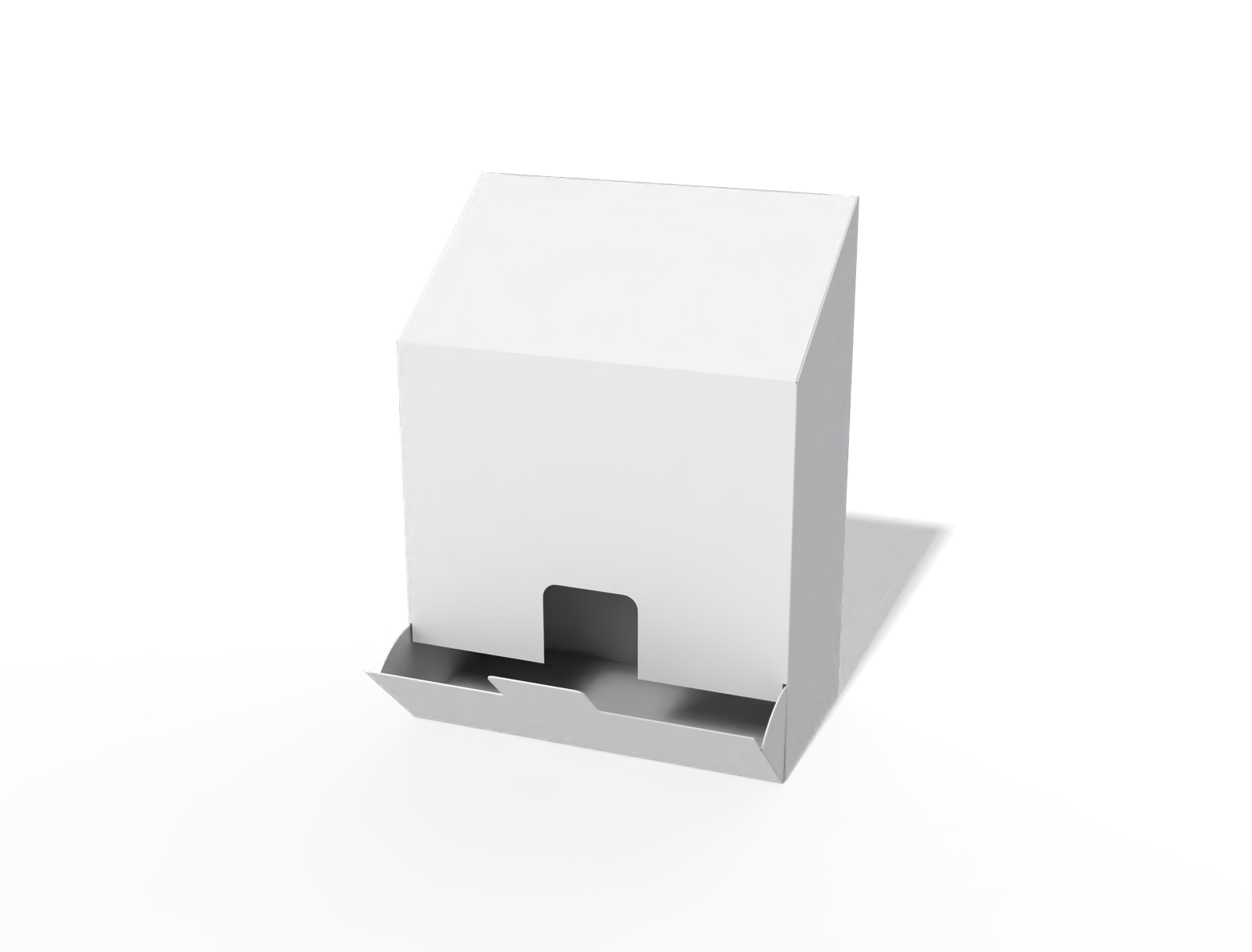 Slanted tuck gravity feed dispenser box — White paperboard
