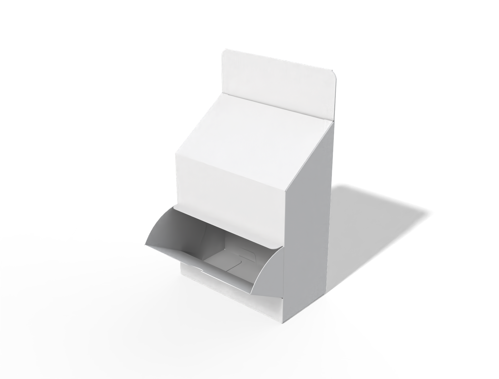 Angled lid and top display panel gravity feed dispenser box — White paperboard