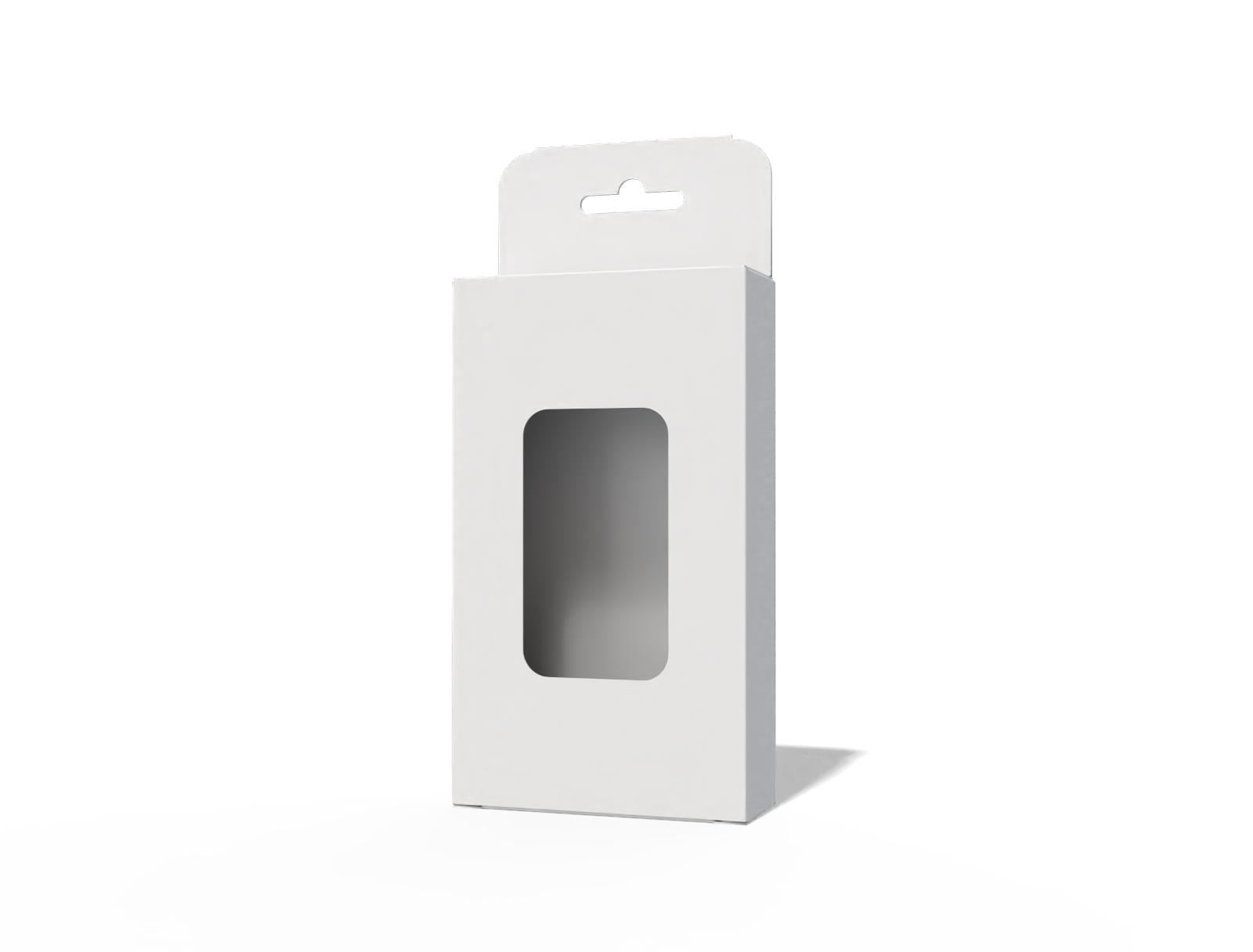 Hanging electronic product box with window — White paperboard