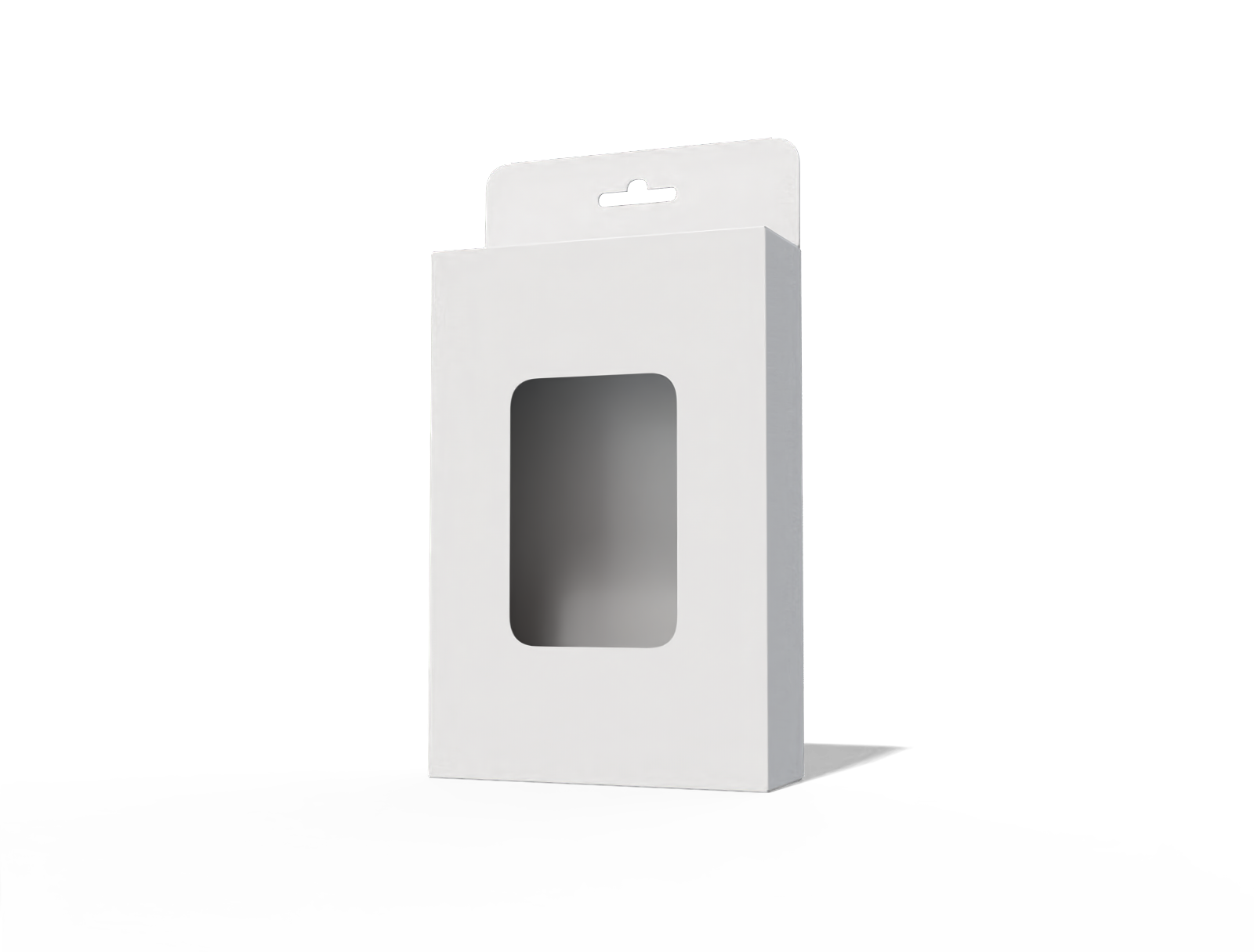 Hanging card box with window — White paperboard