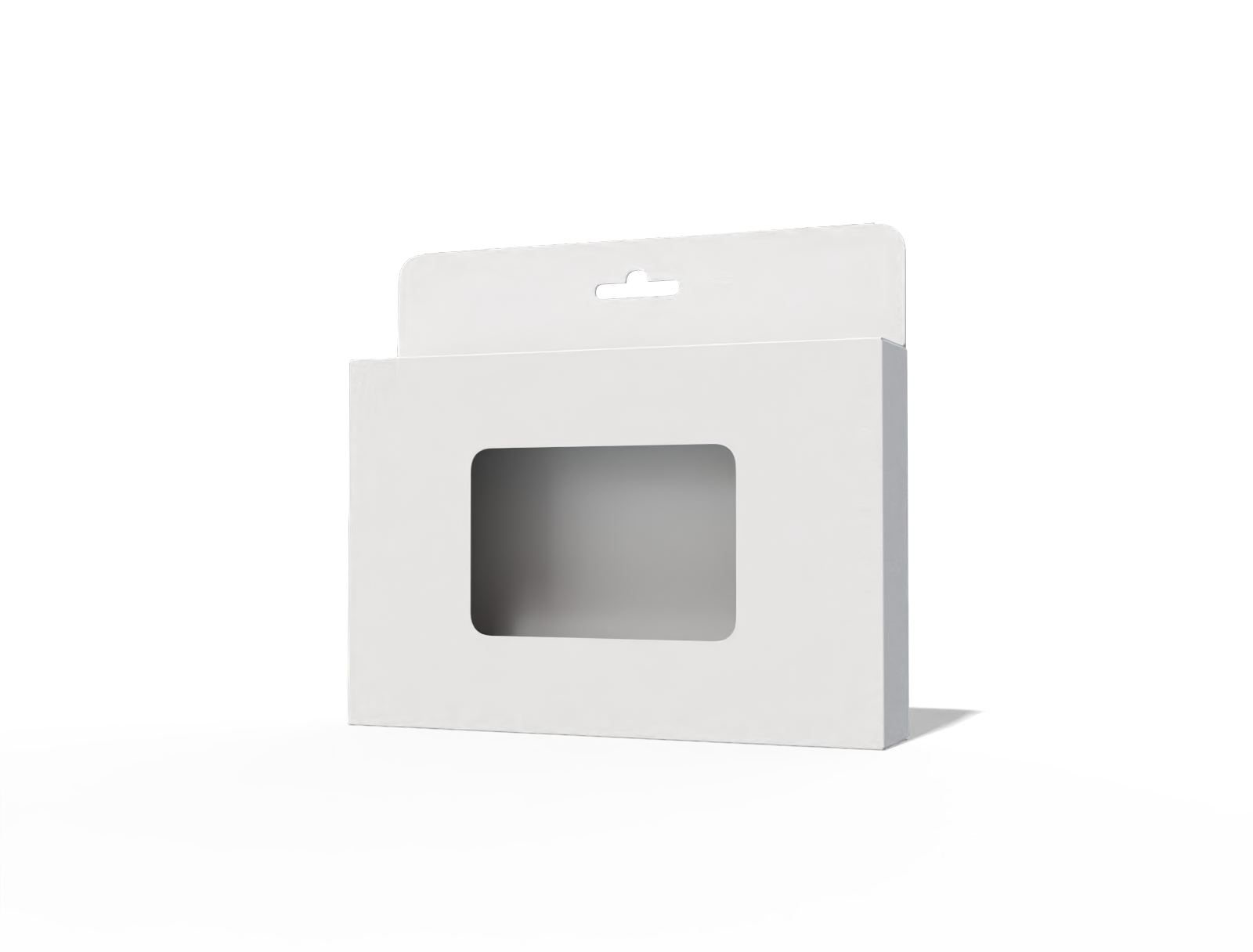 Hanging display box with window — White paperboard