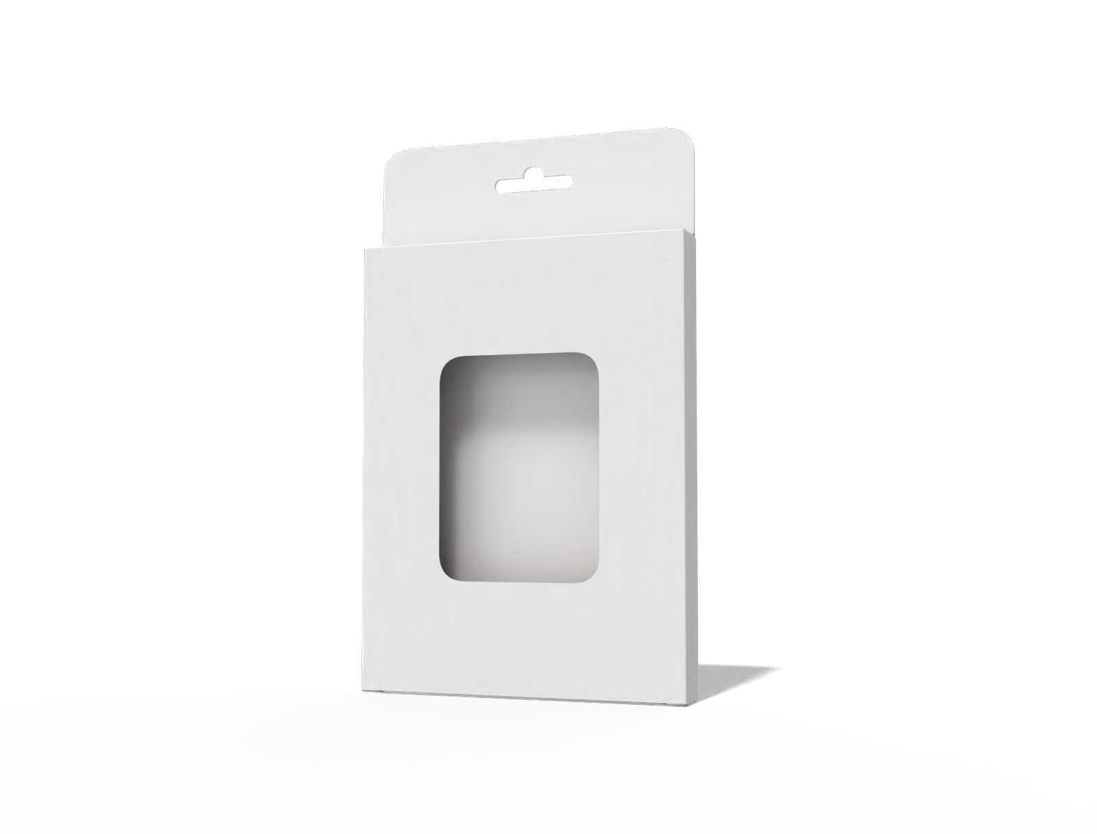Hanging card box with window — White paperboard